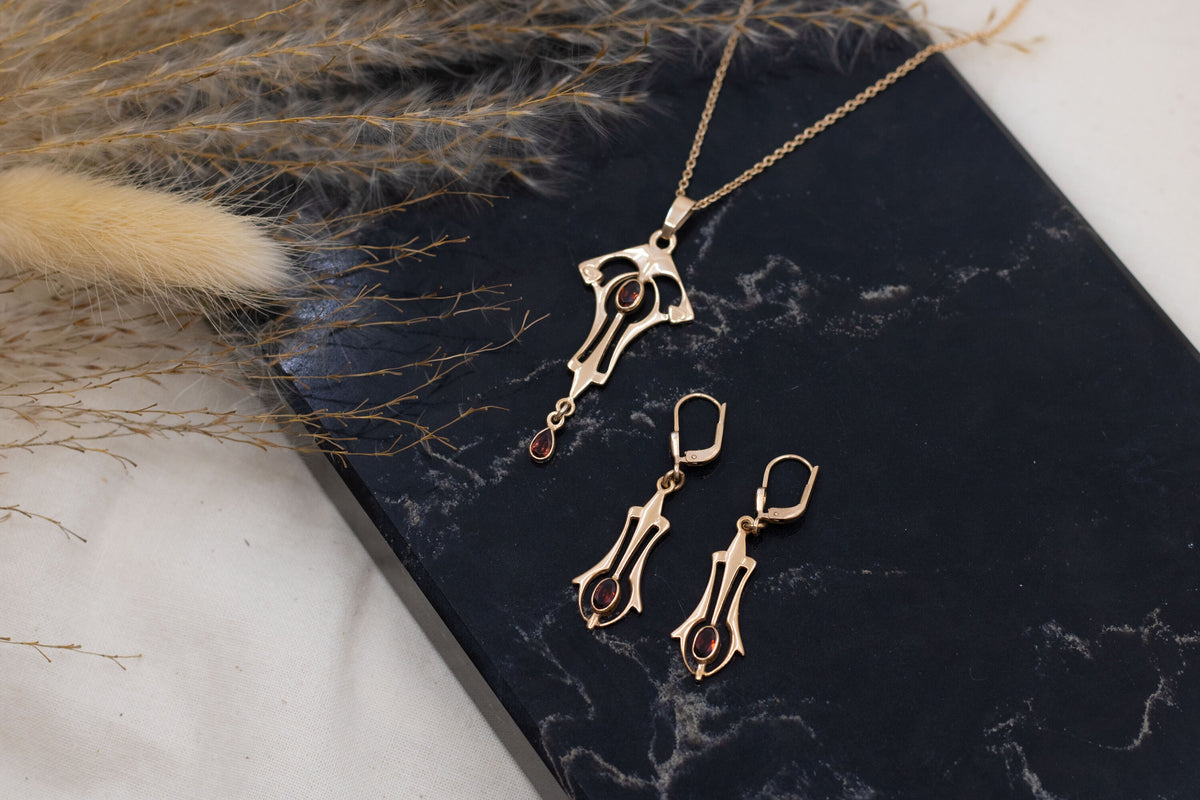 Jugendstilkette mit Granat, Art Nouveau Collier 925 Silber Roségold vergoldet, außergewöhnliche Jugendstil Halskette, Vintage Kette Granat