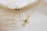 Außergewöhnliche Jugendstilkette, Art Nouveau Chain 585 Gelbgold mit Iolith, 14 Karat, Jugendstil Anhänger mit Brillanten, Perlen, Vintage