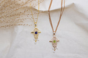 Außergewöhnliche Jugendstilkette, Art Nouveau Chain 585 Gelbgold mit Iolith, 14 Karat, Jugendstil Anhänger mit Brillanten, Perlen, Vintage