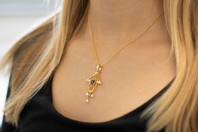 Außergewöhnliche Jugendstilkette, Art Nouveau Chain 585 Gelbgold mit Iolith, 14 Karat, Jugendstil Anhänger mit Brillanten, Perlen, Vintage