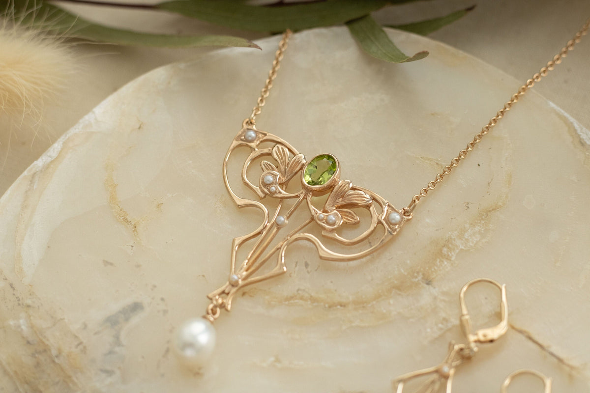 Jugendstilkette mit Peridot und Süßwasserperle, Art Nouveau Collier 925 Silber Roségold vergoldet, Jugendstil Halskette, Vintage Kette
