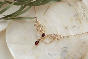 Jugendstilkette Granat und Halbperlen, Art Nouveau Collier Roségold, Antike Jugendstil Halskette, Vintage, Brautschmuck, Unikat, Floral
