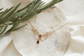 Jugendstilkette Granat und Halbperlen, Art Nouveau Collier Roségold, Antike Jugendstil Halskette, Vintage, Brautschmuck, Unikat, Floral