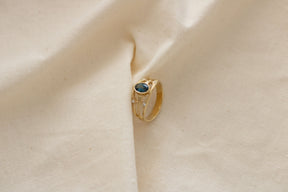 Jugendstil Ring Gelbgold mit London Blau Topas und Brillanten in 585 Gold, 14 Karat Goldring, Antiker Goldring, Art Nouveau Ring, Unikat