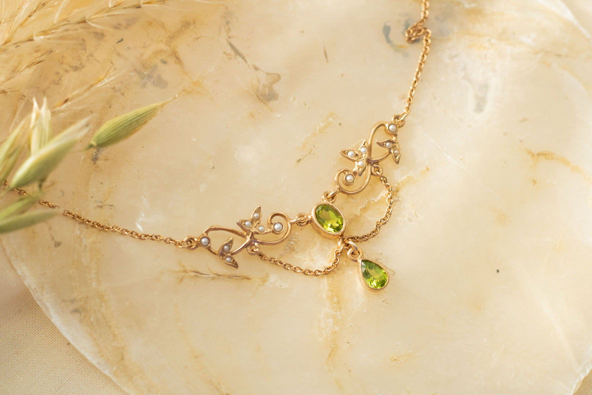 Jugendstilkette Granat und Halbperlen, Art Nouveau Collier Roségold, Antike Jugendstil Halskette, Vintage, Brautschmuck, Unikat, Floral