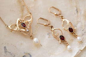 Außergewöhnliche Jugendstilkette mit Granat, Art Nouveau chain Silber Roségold vergoldet Collier mit Granat Edelstein Süßwasserperle Vintage