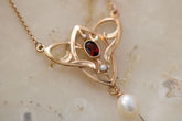 Außergewöhnliche Jugendstilkette mit Granat, Art Nouveau chain Silber Roségold vergoldet Collier mit Granat Edelstein Süßwasserperle Vintage