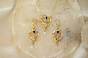 Jugendstilkette, Collier Art Nouveau 925 Silber Gelbgold vergoldet mit Granat, Halbperlen und Süßwasserperle, Vintage Collier