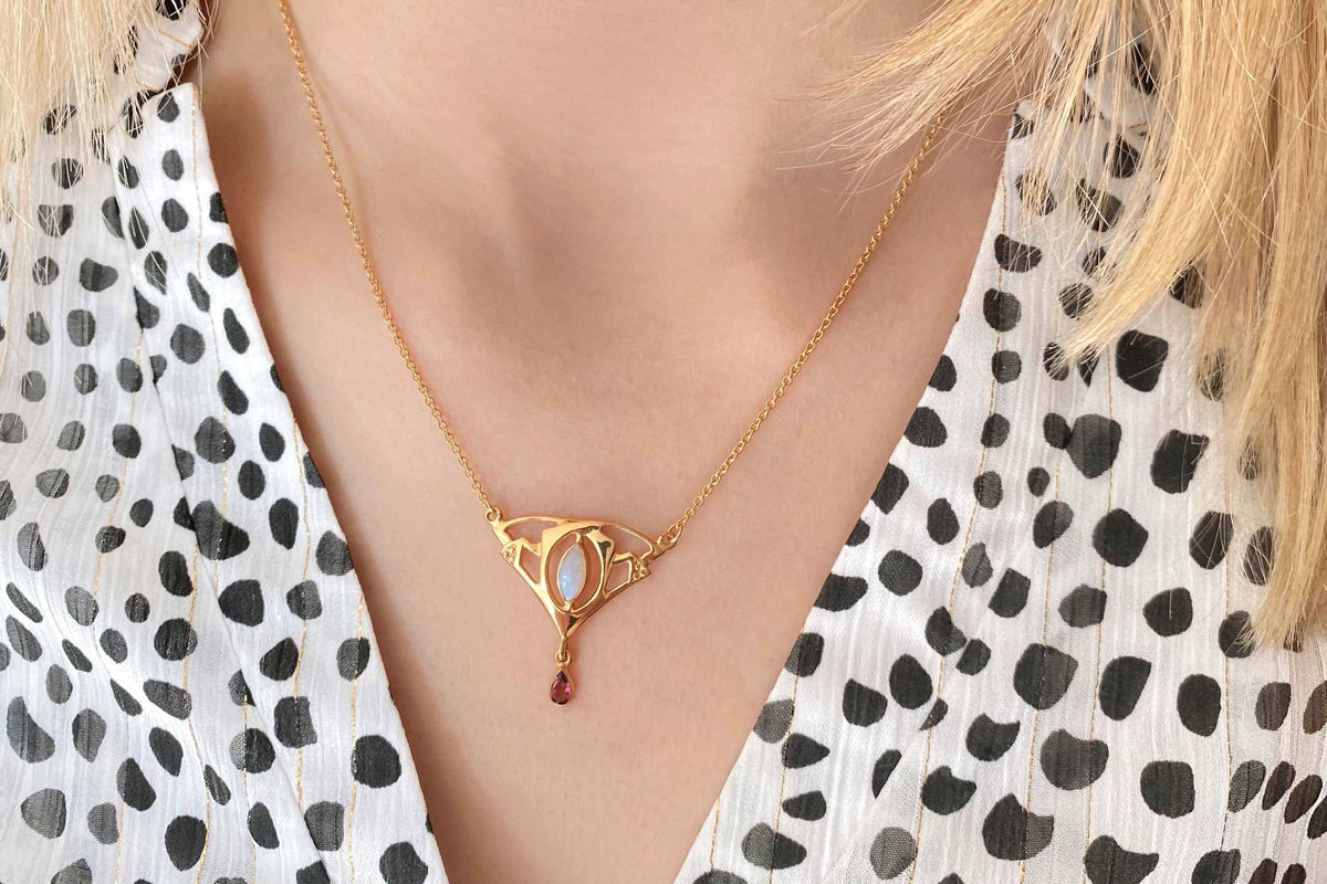Jugendstill Collier mit Opal und Rosa Turmalin - 925 Sterling Silber