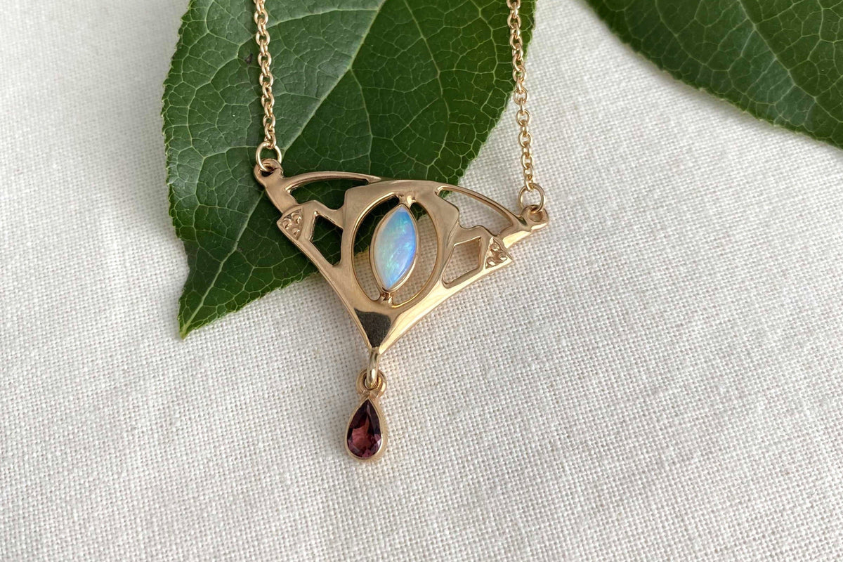 Jugendstill Collier mit Opal und Rosa Turmalin - 925 Sterling Silber