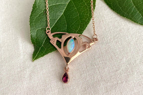 Jugendstill Collier mit Opal und Rosa Turmalin - 925 Sterling Silber