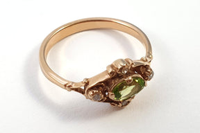 Jugendstil Ring, Art Nouveau Ring, Peridot, Brillanten, 585 Rosegold / Gelbgold, Vintage, Verlobungsring, Antik