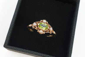 Jugendstil Ring, Art Nouveau Ring, Peridot, Brillanten, 585 Rosegold / Gelbgold, Vintage, Verlobungsring, Antik