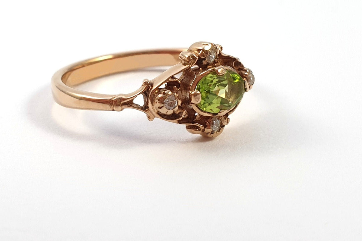 Jugendstil Ring, Art Nouveau Ring, Peridot, Brillanten, 585 Rosegold / Gelbgold, Vintage, Verlobungsring, Antik