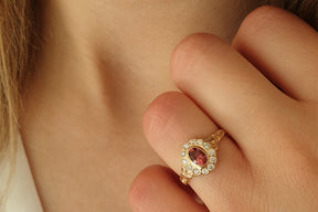 Goldring, 585 Gold, Rosa Turmalin, Jugendstil Ring, 14 Karat, 585 Gelbgold, Brillanten, Vintage, Art Nouveau, Antikschmuck