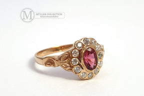 Goldring, 585 Gold, Rosa Turmalin, Jugendstil Ring, 14 Karat, 585 Gelbgold, Brillanten, Vintage, Art Nouveau, Antikschmuck
