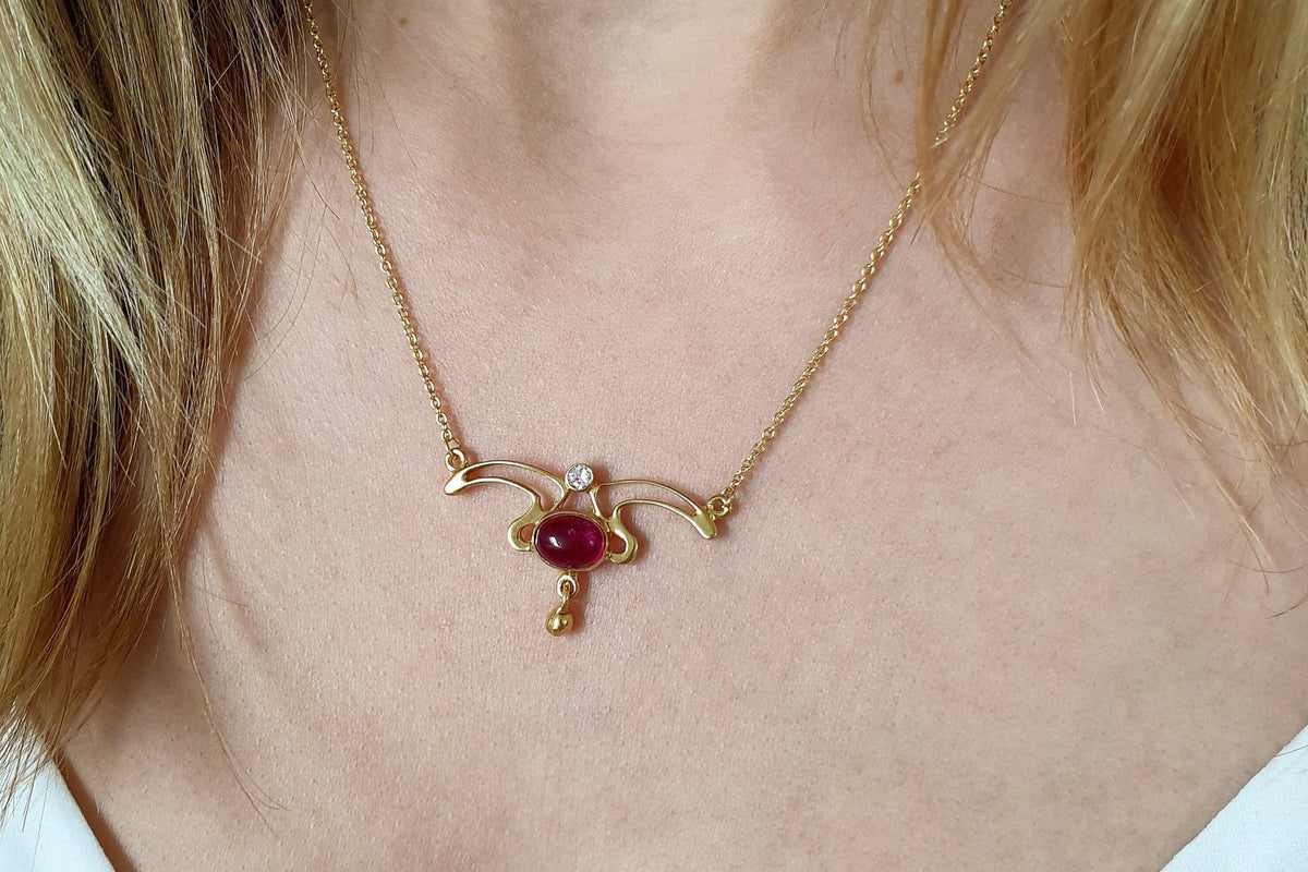 außergewöhnliche Jugendstil Kette 925 Silber vergoldet feines Collier mit Rubellit Edelstein historisch Handarbeit Vintage