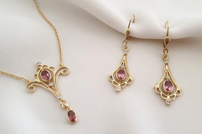 Art Nouveau chain Jugendstil Kette 585 Gold 14 Karat feines Collier mit Rosa Turmalin Edelsteinen und Brillanten glamourös ausgefallen