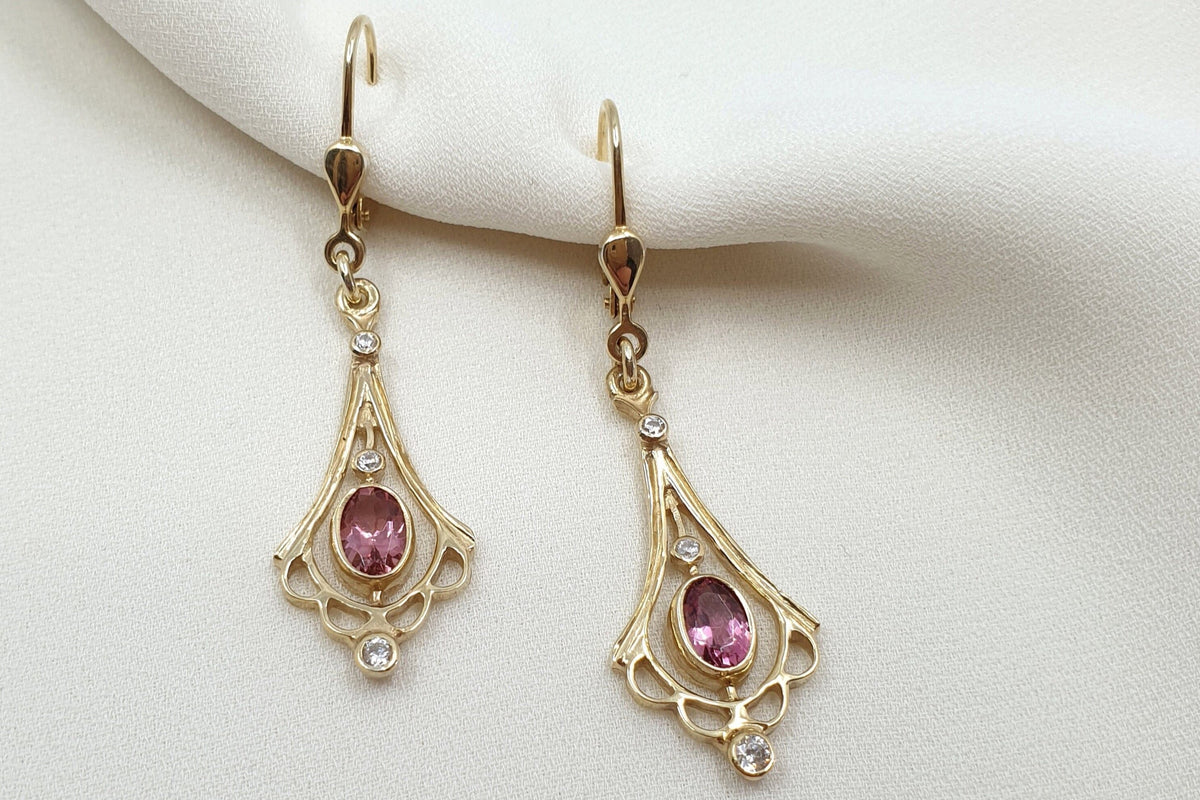 Glamouröser Jugendstil Ohrbügel - Ohrbrisur - 925 Silber vergoldet-  Rosa Turmalin facettiert- Ohrhänger Art Nouveau - Zirkonia - Elegant