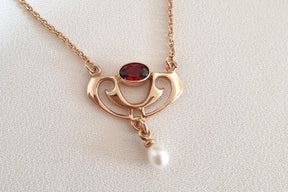 zarte Jugendstilkette 925 Silber Rosegold vergoldet feines Collier mit Granat und Süßwasserperle edle Goldkette Art Nouveau Art Deco