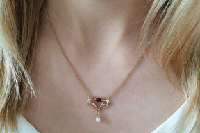 Art Nouveau chain - zarte Jugendstil Kette - 585 Rosegold Kette -Feines Collier Granat Edelstein und Süßwasserperle- Edle Goldkette