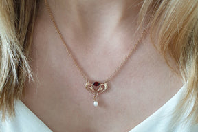 zarte Jugendstilkette 925 Silber Rosegold vergoldet feines Collier mit Granat und Süßwasserperle edle Goldkette Art Nouveau Art Deco