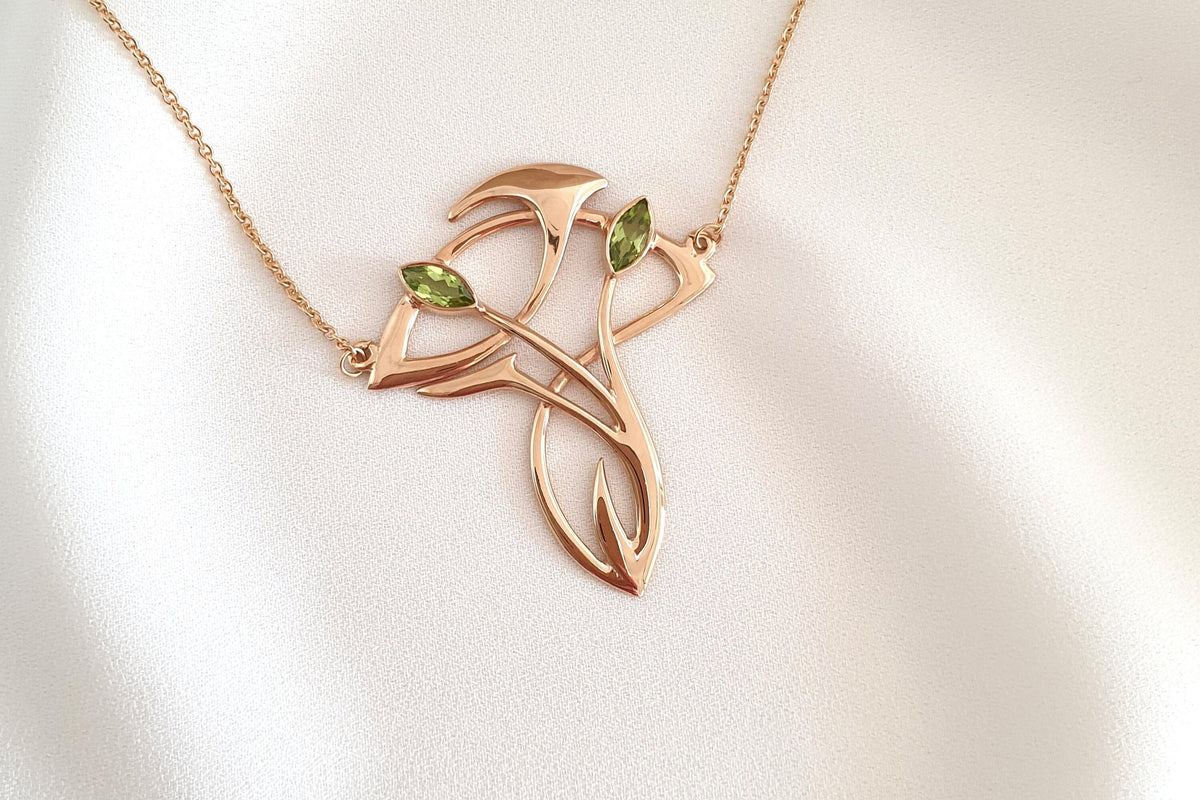Art Nouveau chain -extravagantes Jugendstil Collier - 925 Silber Rosegold vergoldet Kette mit Peridot - Glamouröse Kette vergoldet