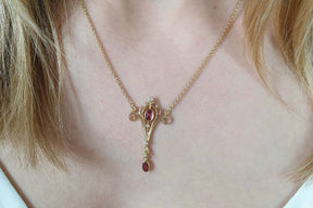 Art Nouveau chain Jugendstil Kette 585 Gold 14 Karat feines Collier mit Rosa Turmalin Edelsteinen und Brillanten glamourös ausgefallen