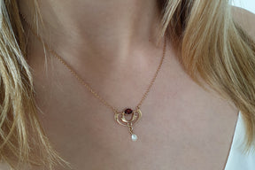 zarte Jugendstilkette 925 Silber Rosegold vergoldet feines Collier mit Granat und Süßwasserperle edle Goldkette Art Nouveau Art Deco