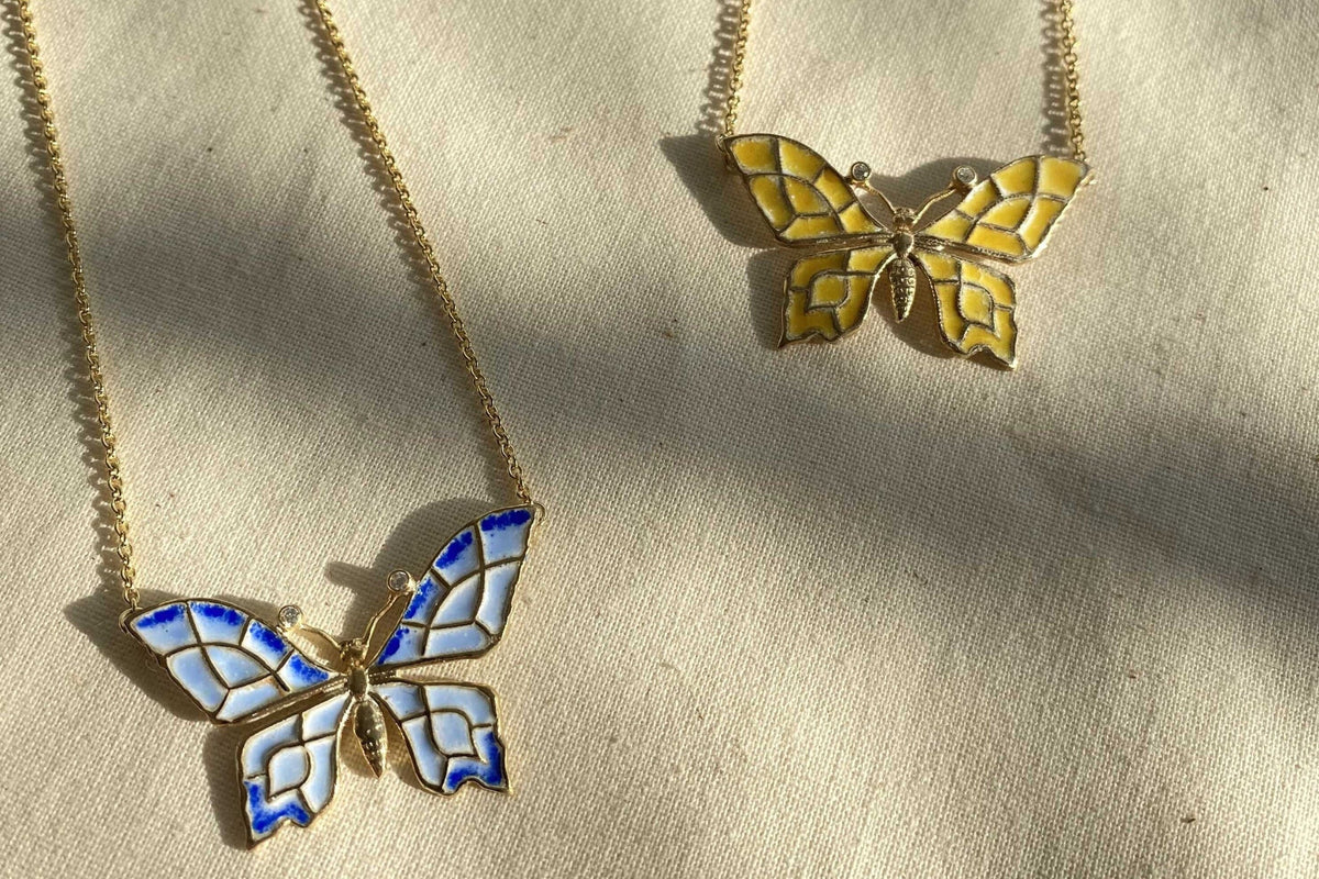 Schmetterling Kette Emaille Gelb oder Blau 925 Sterling Silber vergoldet Zirkonia Jugendstilkette Art Nouveau chain außergewöhnlich