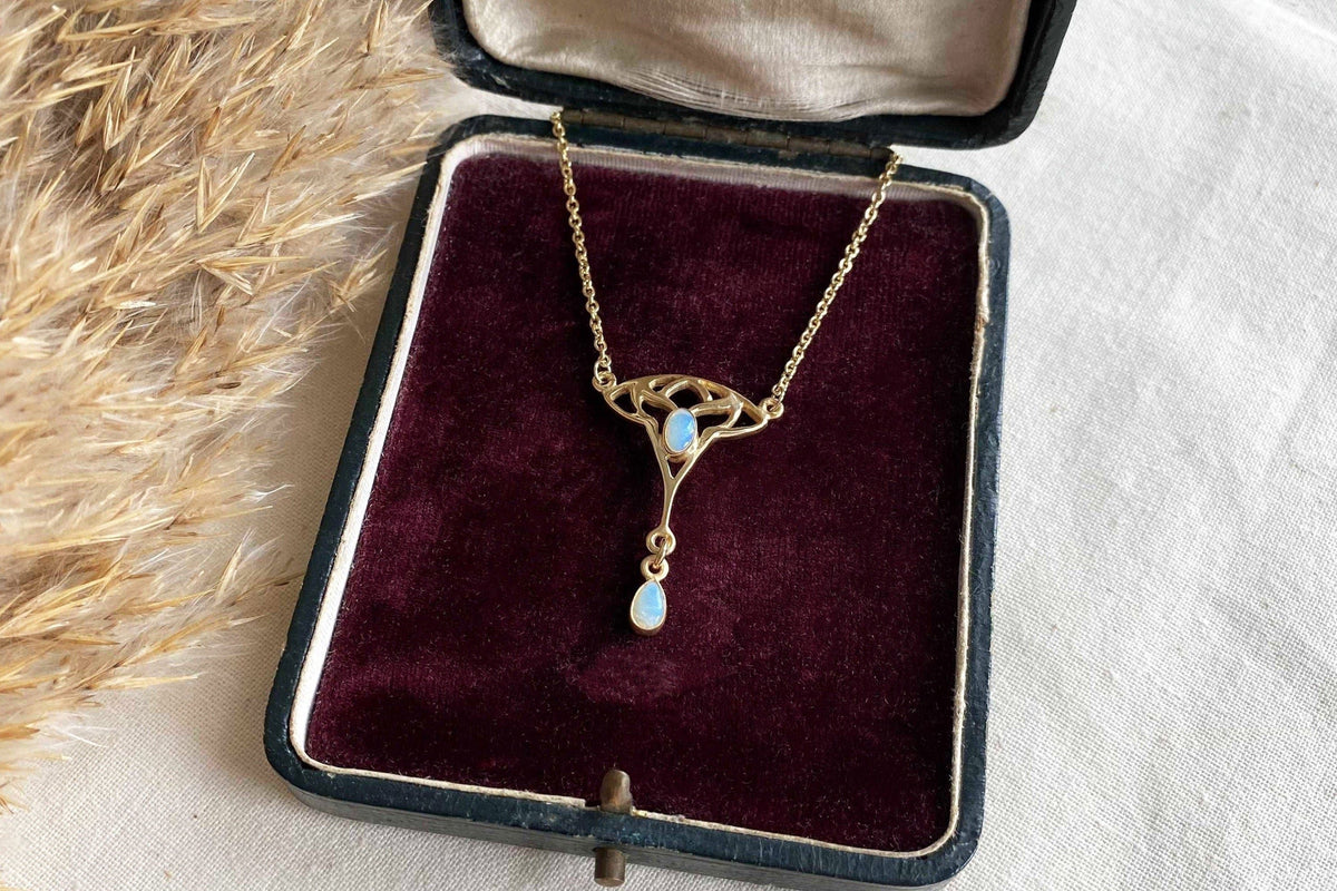 Zarte Jugendstilkette - Art Nouveau chain - 925 Silber Gelbgold vergoldet - Feines Collier mit Opal Edelsteinen- Vintage Goldkette
