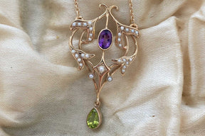 Jugendstilkette Art Nouveau chain 925 Silber Roségold vergoldet Collier mit Amethyst Peridot und echten Halbperlen
