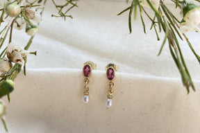 Zarte Ohrhänger Ohrstecker 925 Silber Gelbgold vergoldet mit Rosa Turmalin Edelstein Süßwasserperle Jugendstil