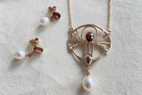 Jugendstilkette Art Nouveau chain 925 Silber Rosegold vergoldet Collier mit Granat Süßwasserperle echten Halbperlen Vintage Antik