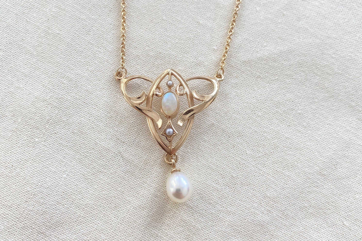 Außergewöhnliche Jugendstilkette Art Nouveau chain 585 Roségold Collier mit Opal Halbperlen Süßwasserperle Vintage Antik 14 Karat