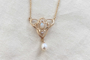 Außergewöhnliche Jugendstilkette Art Nouveau chain 585 Roségold Collier mit Opal Halbperlen Süßwasserperle Vintage Antik 14 Karat