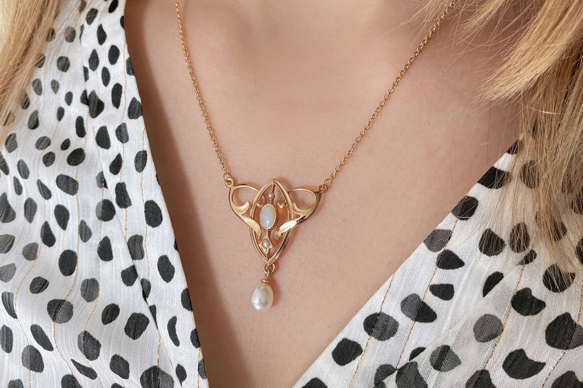 Außergewöhnliche Jugendstilkette Art Nouveau chain 925 Silber Roségold vergoldet Collier mit Opal Halbperlen Süßwasserperle  Vintage