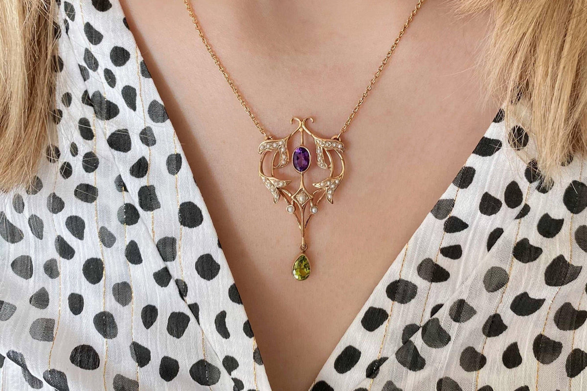 Jugendstilkette Art Nouveau chain 925 Silber Roségold vergoldet Collier mit Amethyst Peridot und echten Halbperlen