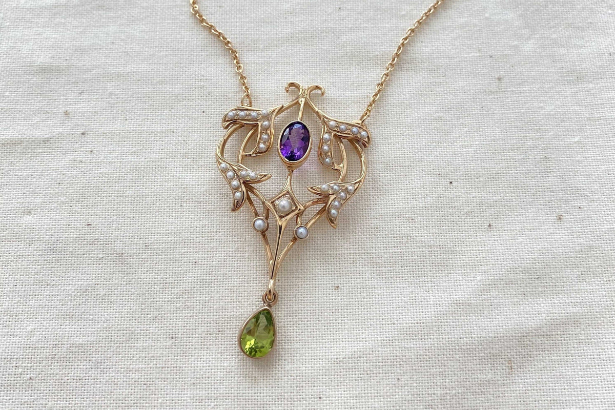 Jugendstilkette Art Nouveau chain 925 Silber Roségold vergoldet Collier mit Amethyst Peridot und echten Halbperlen