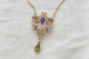 Jugendstilkette Art Nouveau chain 925 Silber Roségold vergoldet Collier mit Amethyst Peridot und echten Halbperlen