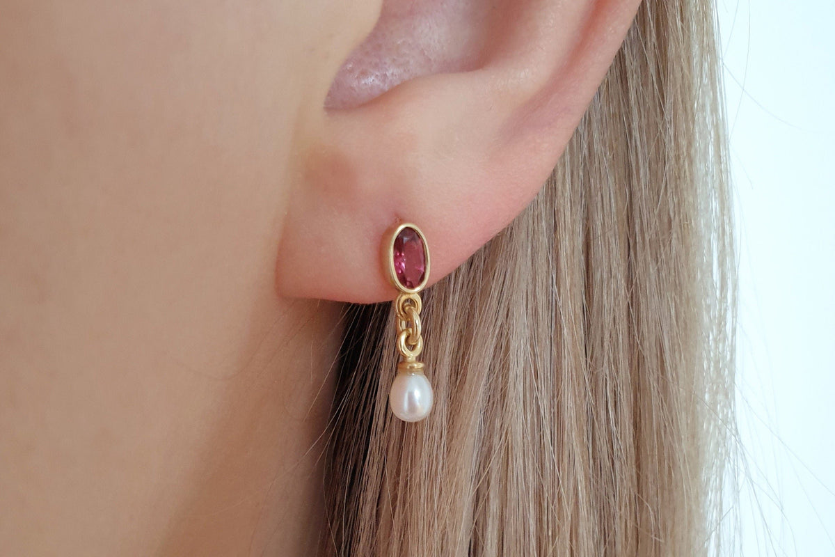 Zarte Ohrhänger Ohrstecker 925 Silber Gelbgold vergoldet mit Rosa Turmalin Edelstein Süßwasserperle Jugendstil