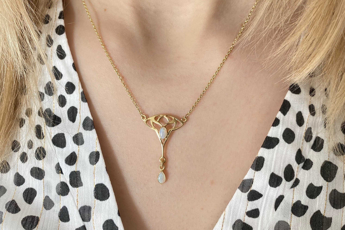 Zarte Jugendstilkette - Art Nouveau chain - 925 Silber Gelbgold vergoldet - Feines Collier mit Opal Edelsteinen- Vintage Goldkette