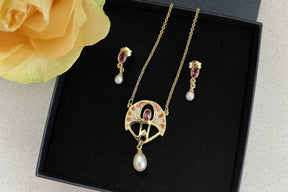 Jugendstilkette mit Emaille 925 Sterling Silber Gelbgold vergoldet Rosa Turmalin Süßwasserperle Art Nouveau Art Deco Antikschmuck