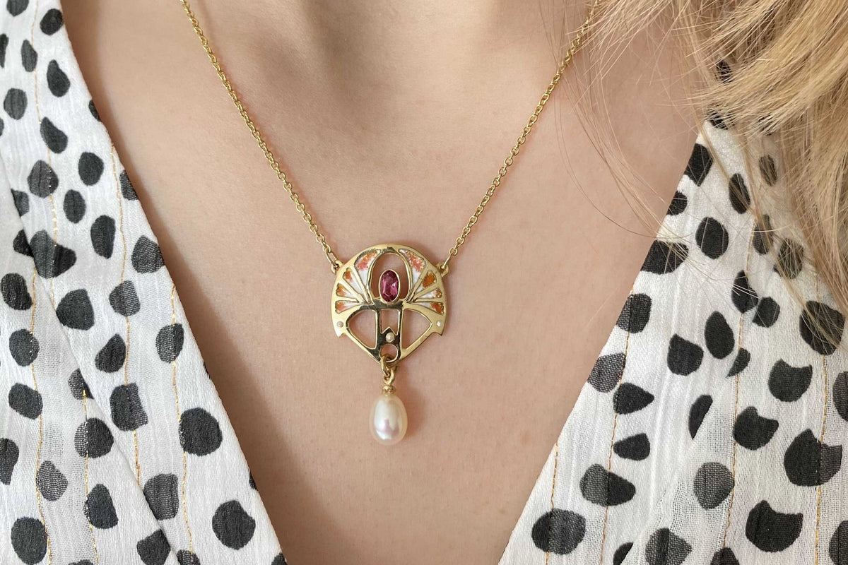 Jugendstilkette mit Emaille 925 Sterling Silber Gelbgold vergoldet Rosa Turmalin Süßwasserperle Art Nouveau Art Deco Antikschmuck