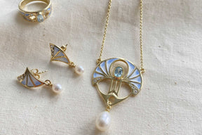 Emaille Jugendstilkette - Art Nouveau chain - 925 Sterling Silber Gelbgold vergoldet, Blau Topas, Zirkonia, echte Süßwasserperle