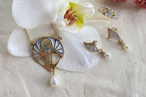 Emaille Jugendstilkette - Art Nouveau chain - 925 Sterling Silber Gelbgold vergoldet, Blau Topas, Zirkonia, echte Süßwasserperle