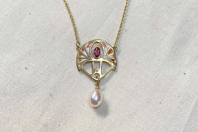 Jugendstilkette mit Emaille 925 Sterling Silber Gelbgold vergoldet Rosa Turmalin Süßwasserperle Art Nouveau Art Deco Antikschmuck