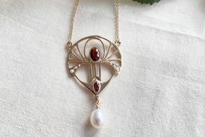 Jugendstilkette Art Nouveau chain 925 Silber Rosegold vergoldet Collier mit Granat Süßwasserperle echten Halbperlen Vintage Antik