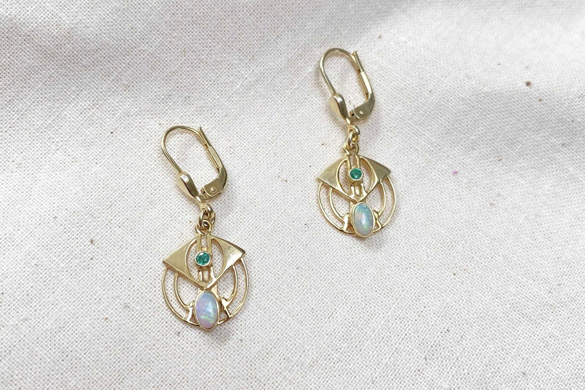 Jugendstil Ohrbügel, Ohrring 925 Sterling Silber Gelbgold vergoldet, Ohrhänger Opal Edelstein, Smaragd, Ohrbrisur Art Nouveau