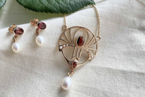 Jugendstilkette Art Nouveau chain 925 Silber Rosegold vergoldet Collier mit Granat Süßwasserperle echten Halbperlen Vintage Antik